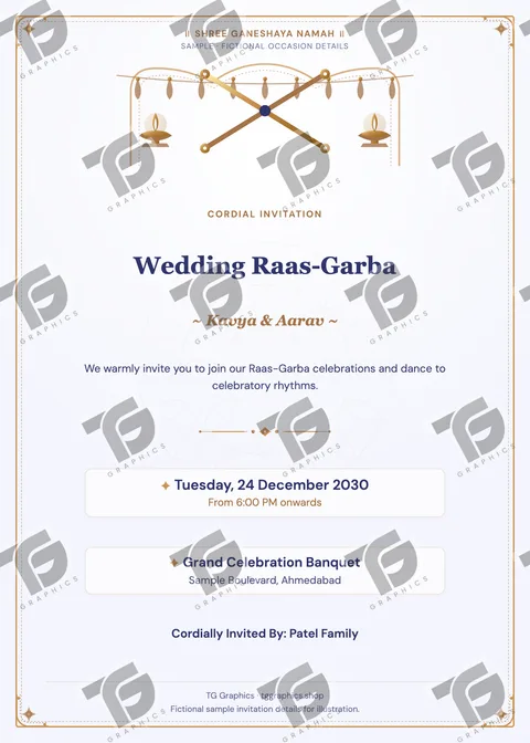 Wedding Raas-Garba Gujarati sample invitation with fictional details