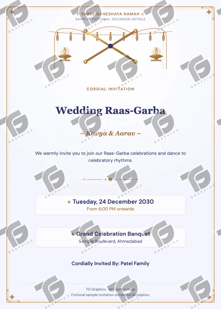 Wedding Raas-Garba Gujarati sample invitation with fictional details