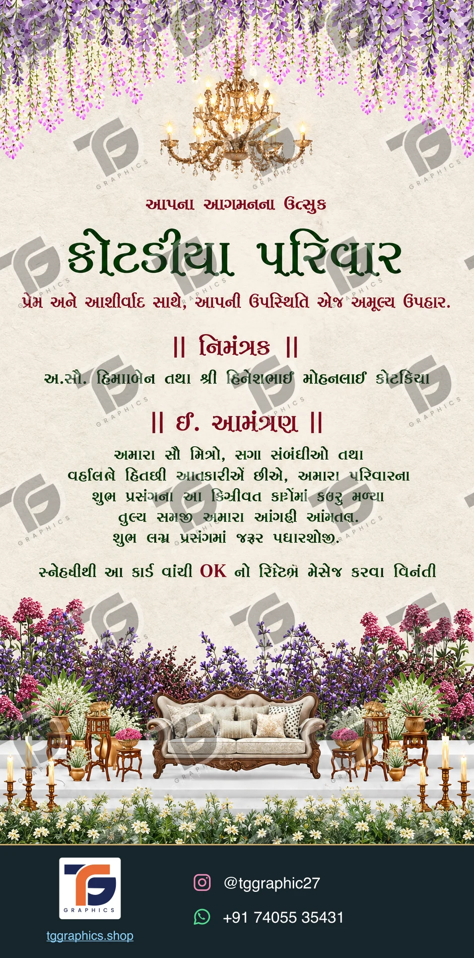 Wedding invitations & related ceremonies · Wedding invitation set 01 · Design 9 with TG Graphics watermark and contact footer