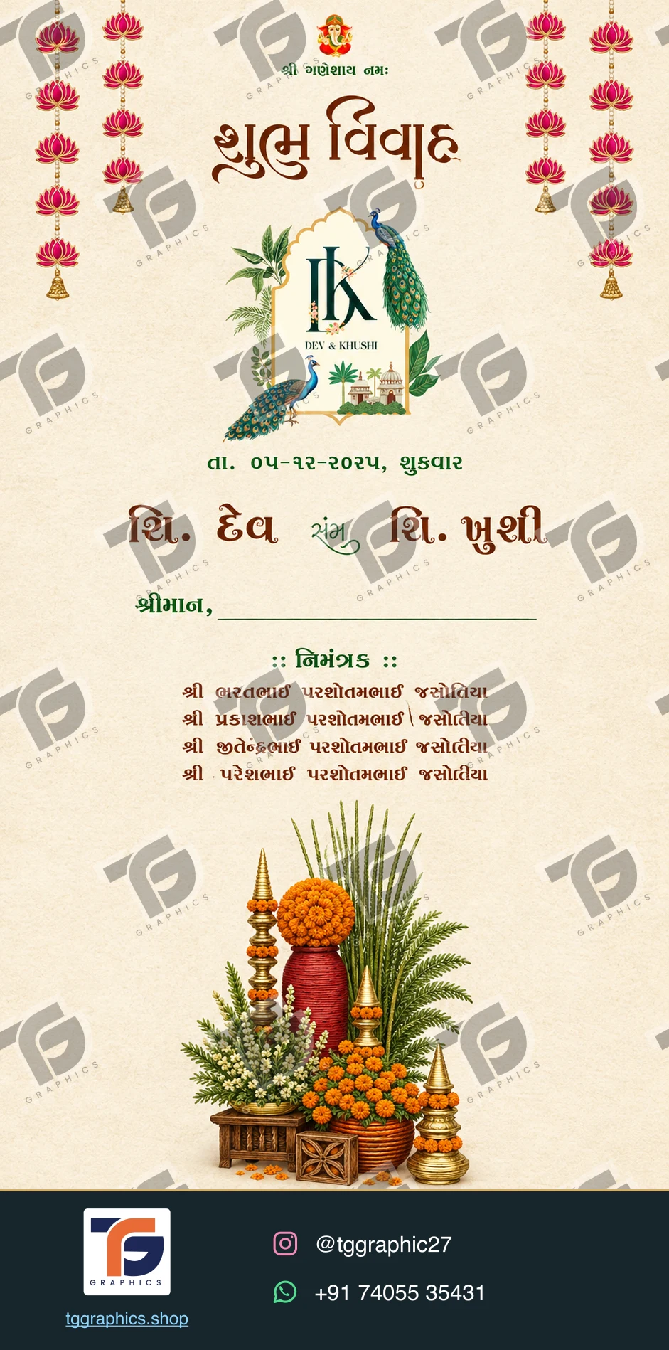 Wedding invitations & related ceremonies · Wedding invitation set 10 · Design 1 with TG Graphics watermark and contact footer