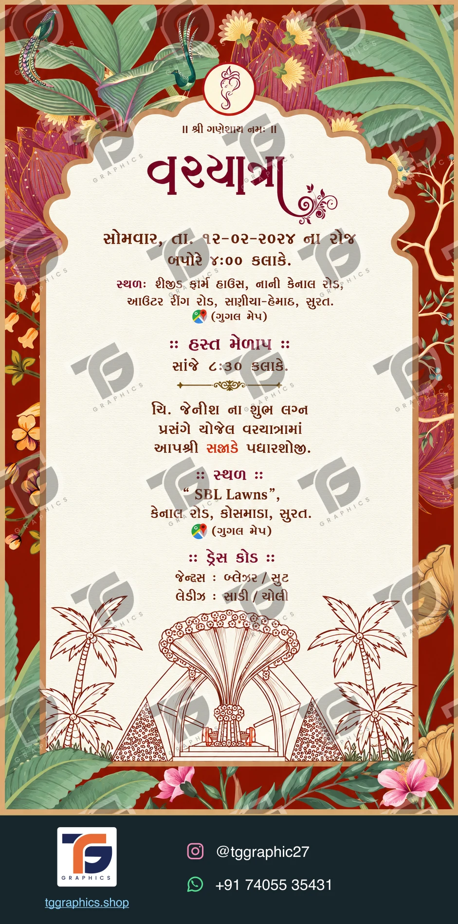 Wedding invitations & related ceremonies · Wedding invitation set 02 · Design 6 with TG Graphics watermark and contact footer