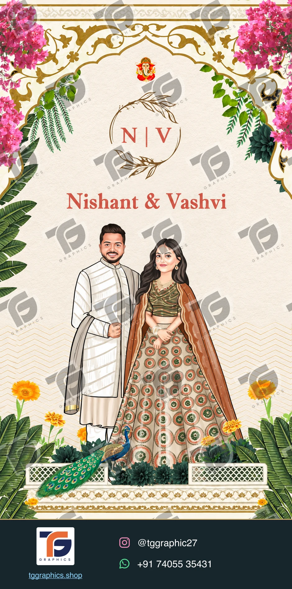 Wedding invitations & related ceremonies · Wedding invitation set 04 · Design 1 with TG Graphics watermark and contact footer