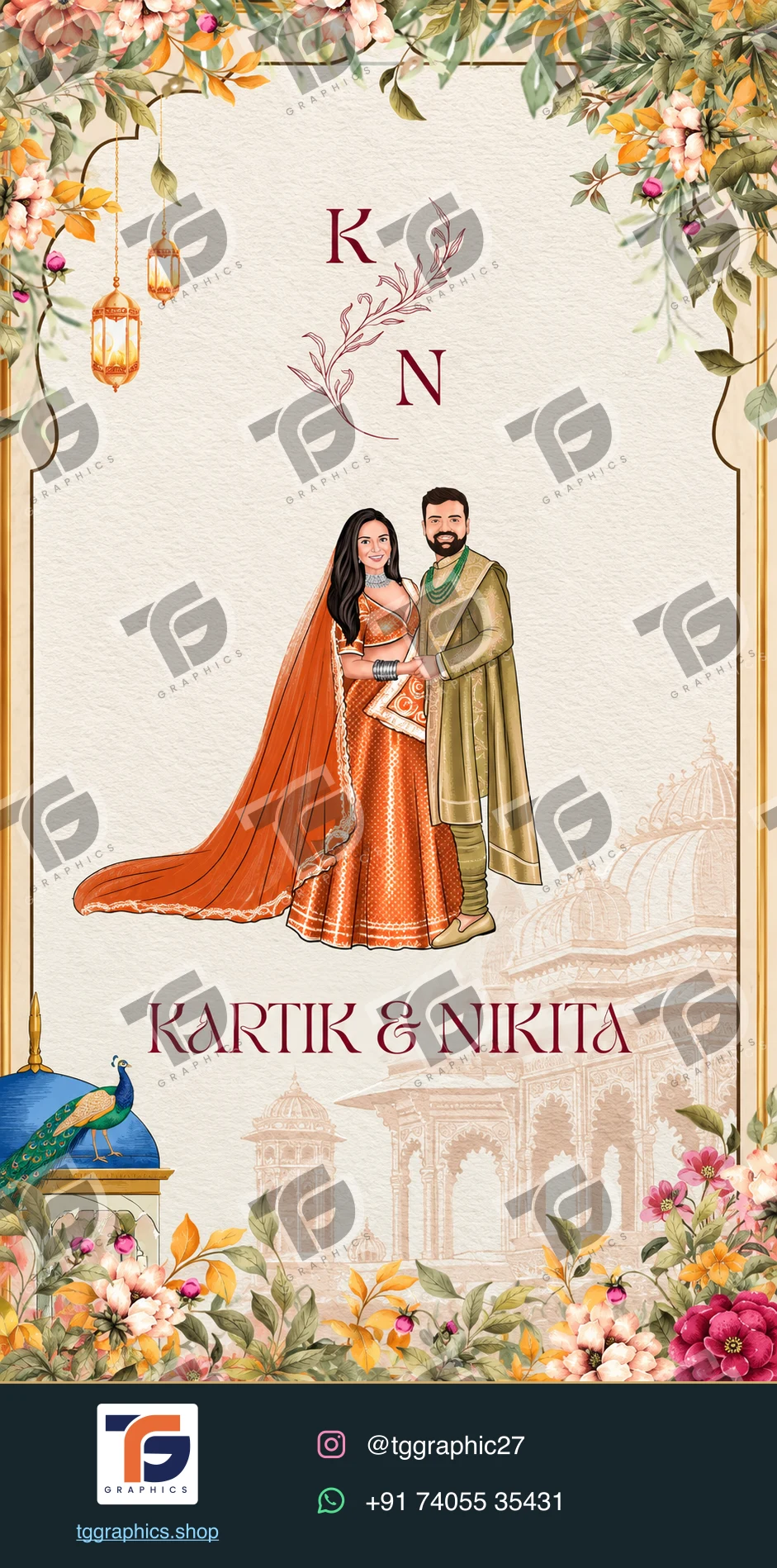 Wedding invitations & related ceremonies · Wedding invitation set 05 · Design 1 with TG Graphics watermark and contact footer