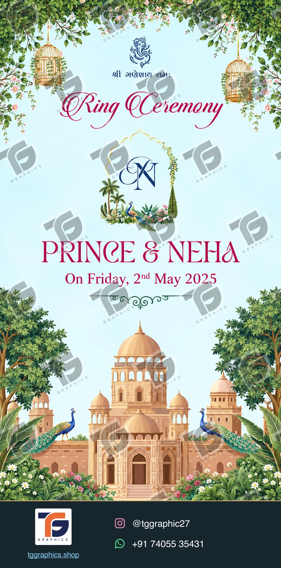 Engagement invitations · Collection 01 · Design 1 with TG Graphics watermark and contact footer