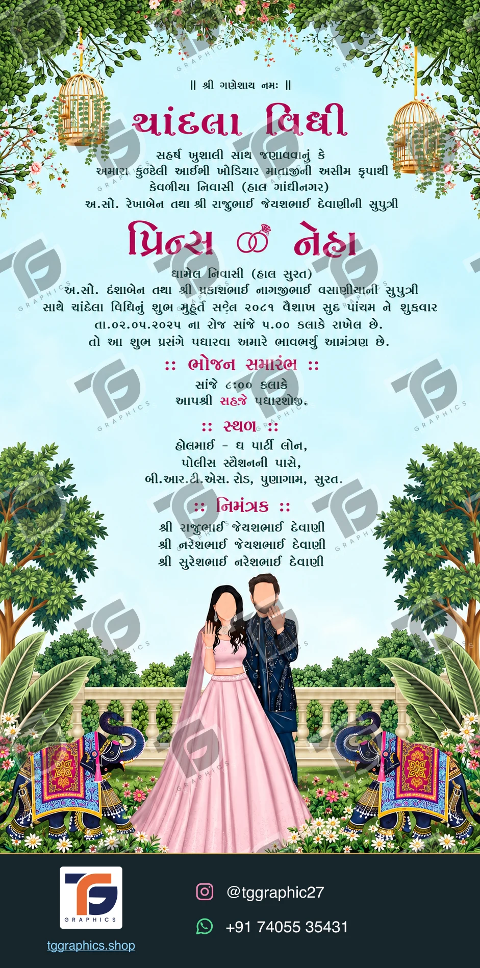 Engagement invitations · Collection 01 · Design 2 with TG Graphics watermark and contact footer
