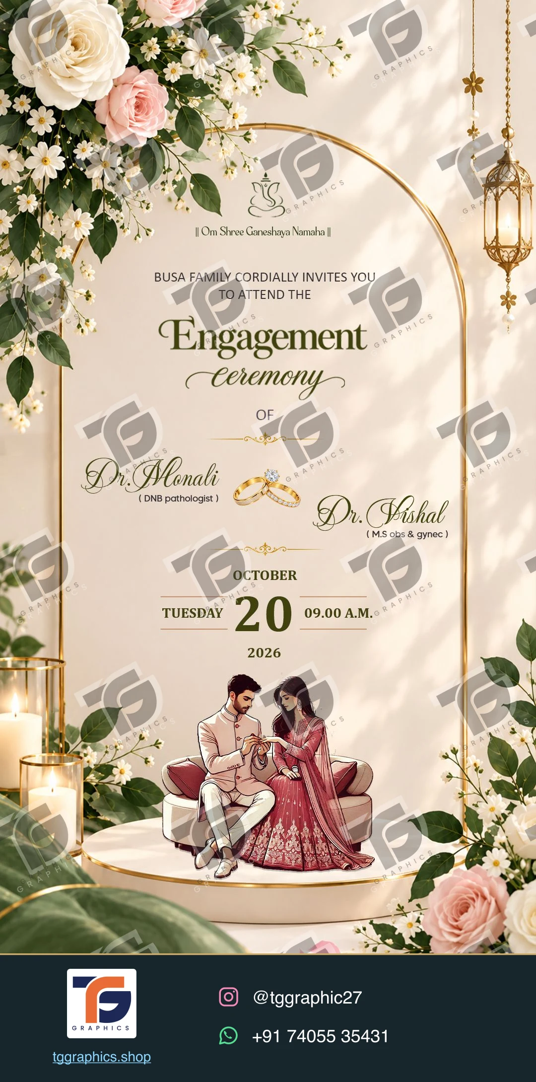 Engagement invitations · Collection 10 · Design 1 with TG Graphics watermark and contact footer