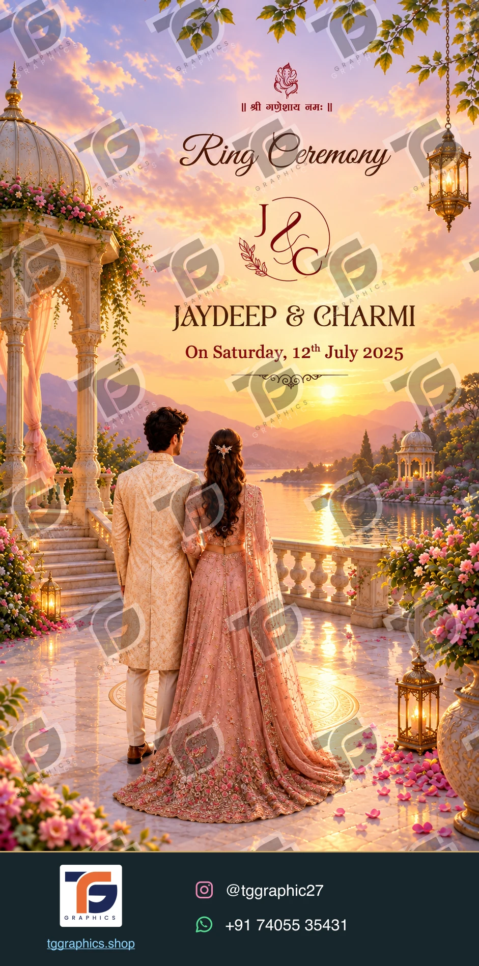 Engagement invitations · Collection 02 · Design 1 with TG Graphics watermark and contact footer