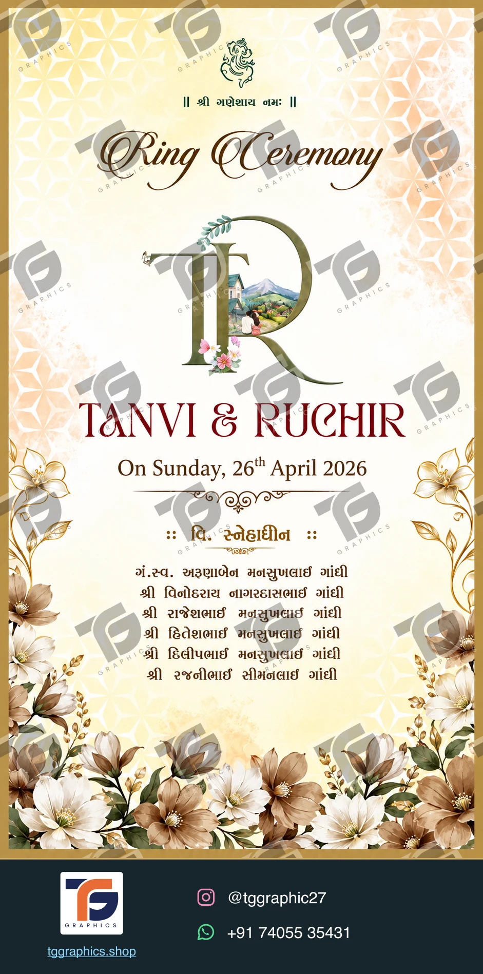 Engagement invitations · Collection 03 · Design 1 with TG Graphics watermark and contact footer