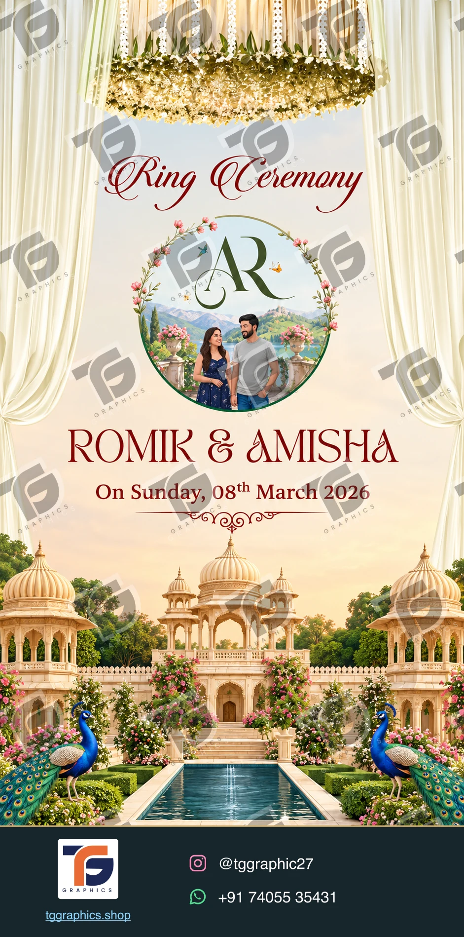Engagement invitations · Collection 04 · Design 1 with TG Graphics watermark and contact footer