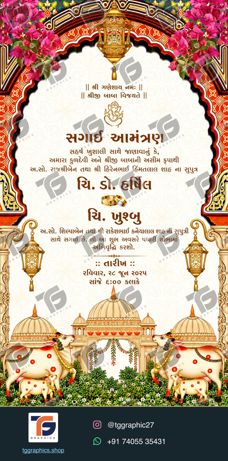 Engagement invitations · Collection 05 · Design 2 with TG Graphics watermark and contact footer
