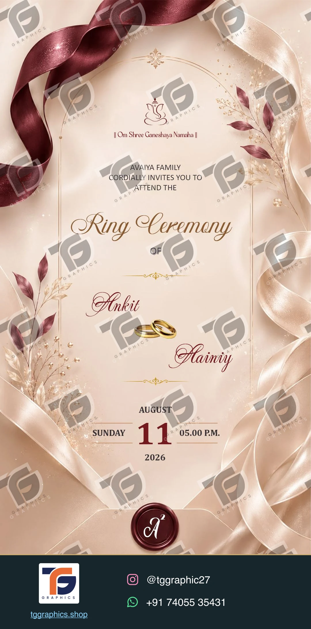 Engagement invitations · Collection 06 · Design 1 with TG Graphics watermark and contact footer