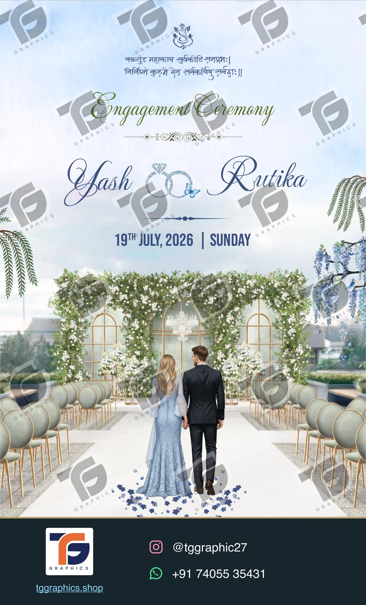 Engagement invitations · Collection 07 · Design 1 with TG Graphics watermark and contact footer