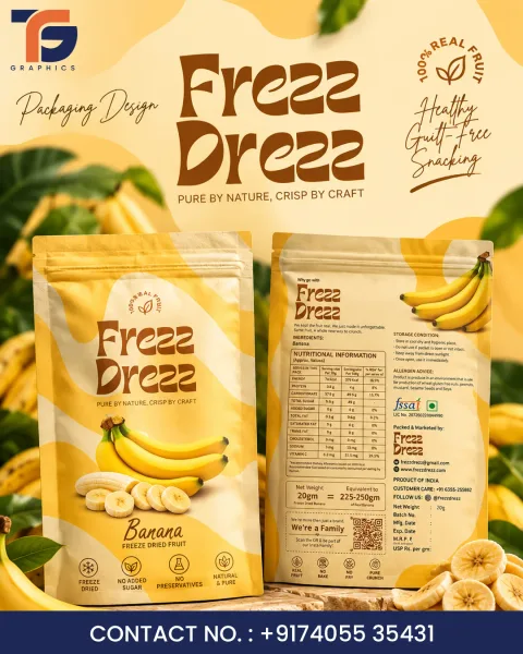 पीले रंग में Freez Dreez की केले वाली पैकेजिंग