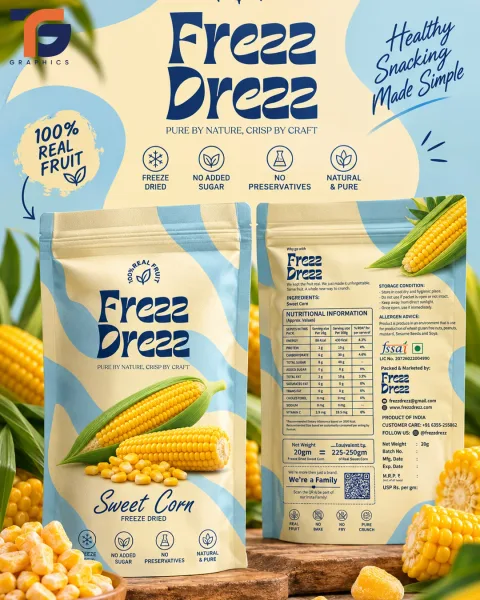 नीले रंग में Freez Dreez की स्वीट कॉर्न पैकेजिंग