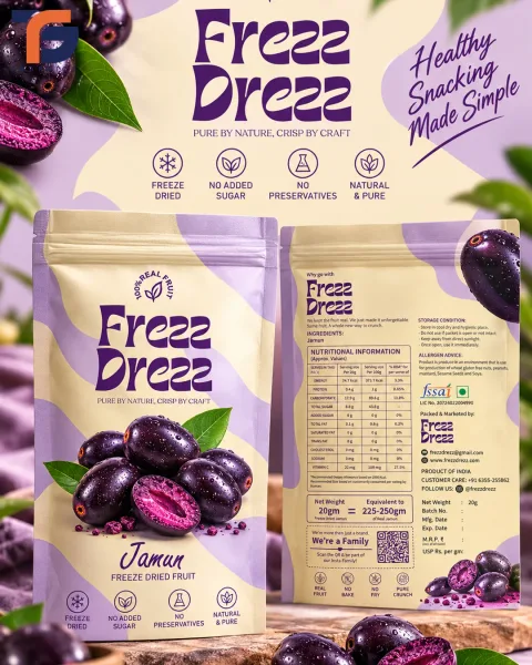 बैंगनी रंग में Freez Dreez की जामुन वाली पैकेजिंग