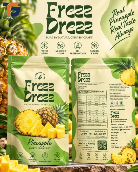 हरे रंग में Freez Dreez की अनानास पैकेजिंग