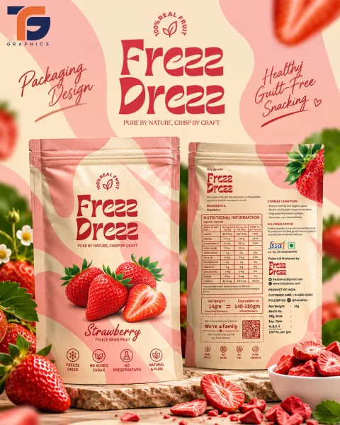 गुलाबी रंग में Freez Dreez की स्ट्रॉबेरी पैकेजिंग