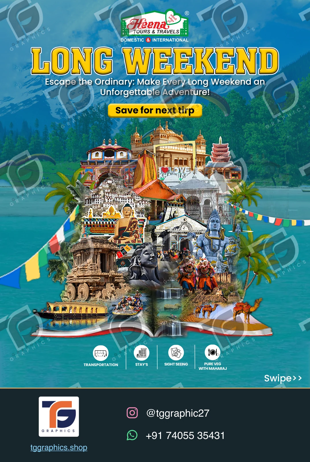 Social carousels · Long weekend carousel · Design 1 with TG Graphics watermark