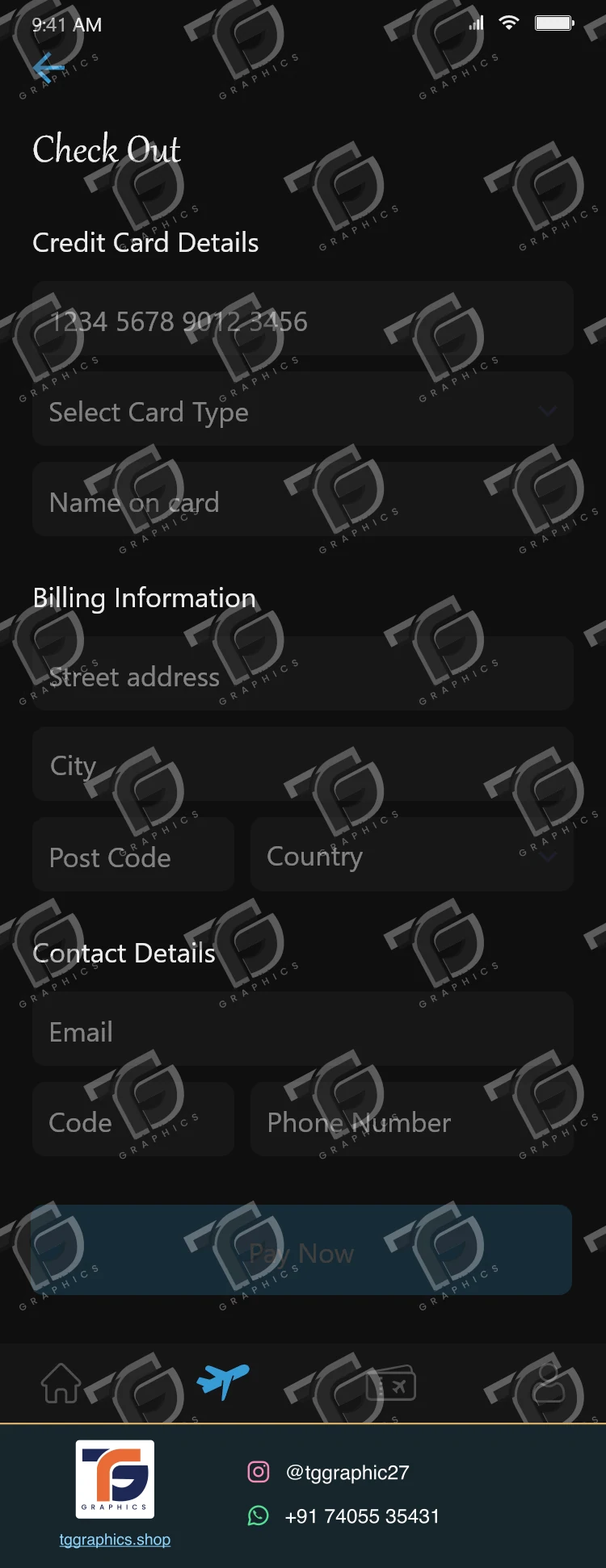 UI/UX design · Airline booking app designs · Design 1 with TG Graphics watermark