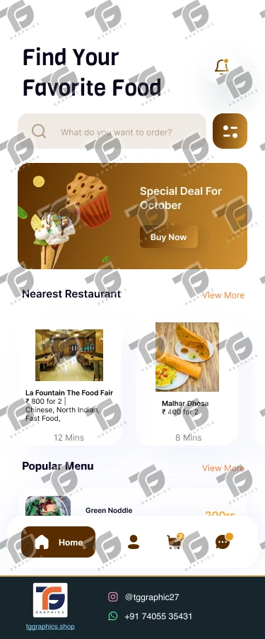 UI/UX डिज़ाइन · भोजन डिलीवरी ऐप · डिज़ाइन 11, TG Graphics वॉटरमार्क के साथ