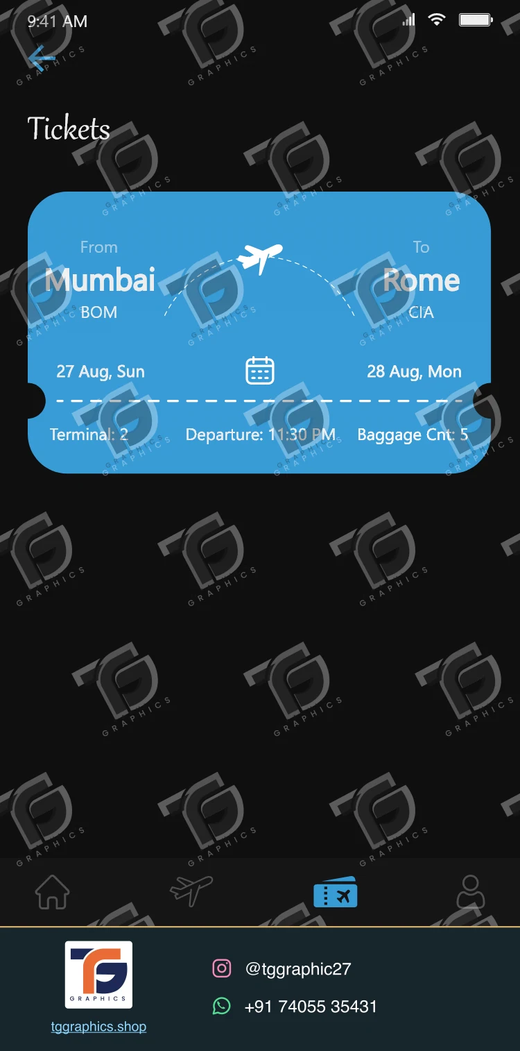 UI/UX डिज़ाइन · एयरलाइन बुकिंग ऐप डिज़ाइन · डिज़ाइन 6, TG Graphics वॉटरमार्क के साथ