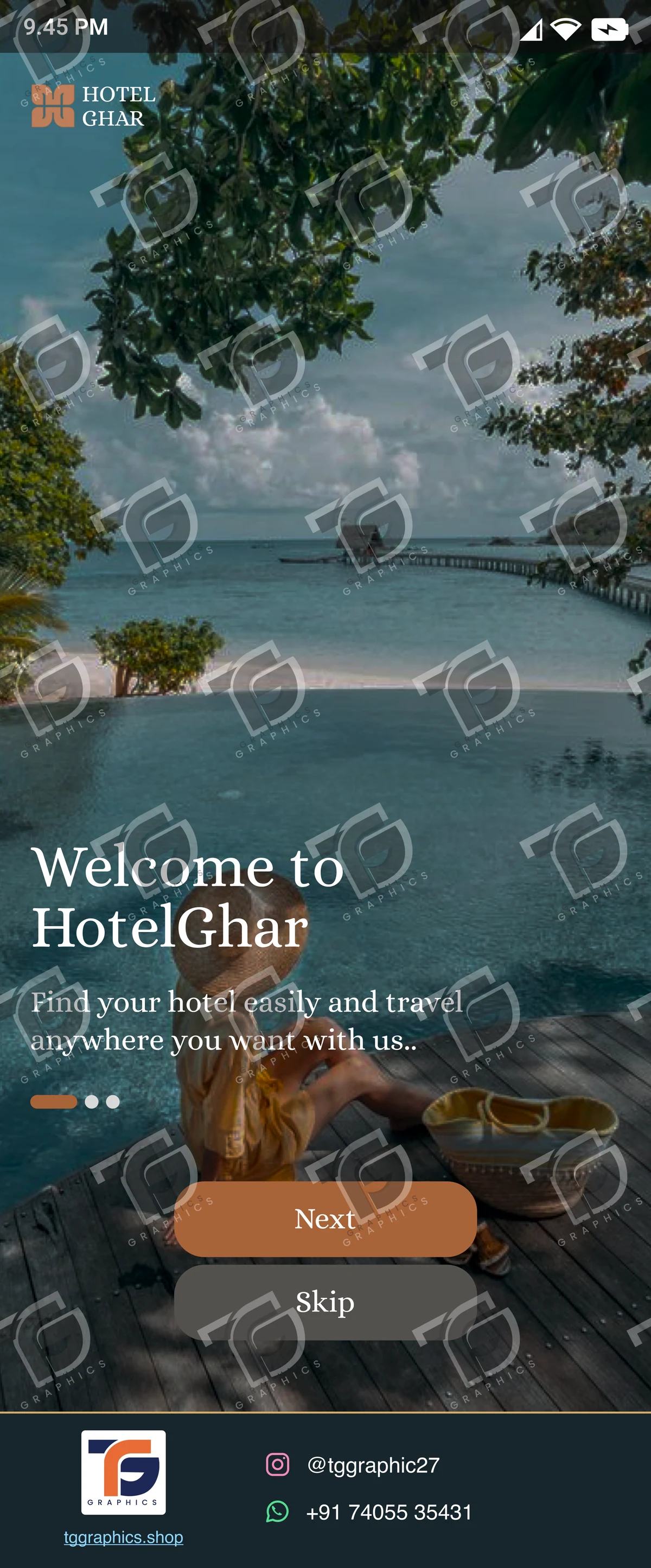 UI/UX design · Hotel booking app · Design 22 with TG Graphics watermark