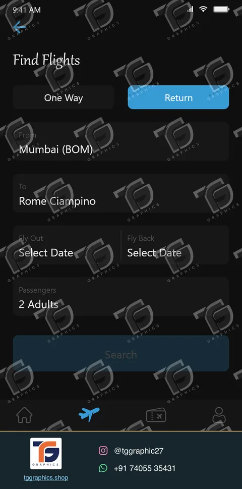 UI/UX design · Airline booking app designs · Design 2 with TG Graphics watermark