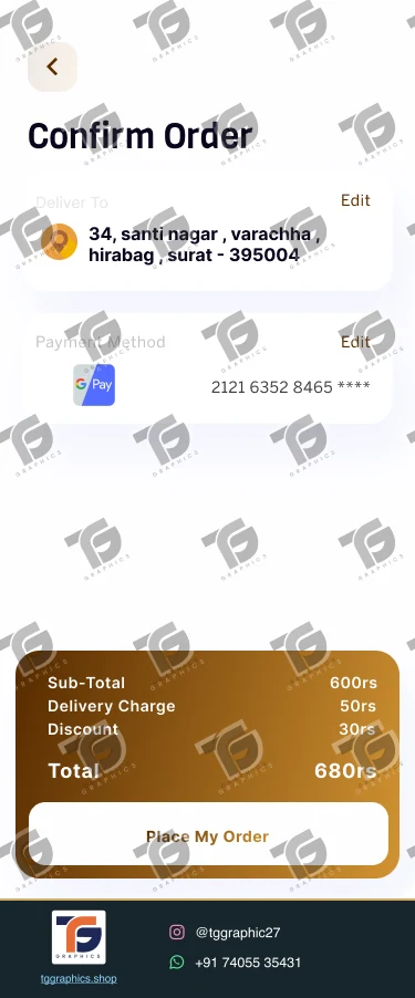 UI/UX डिज़ाइन · भोजन डिलीवरी ऐप · डिज़ाइन 17, TG Graphics वॉटरमार्क के साथ