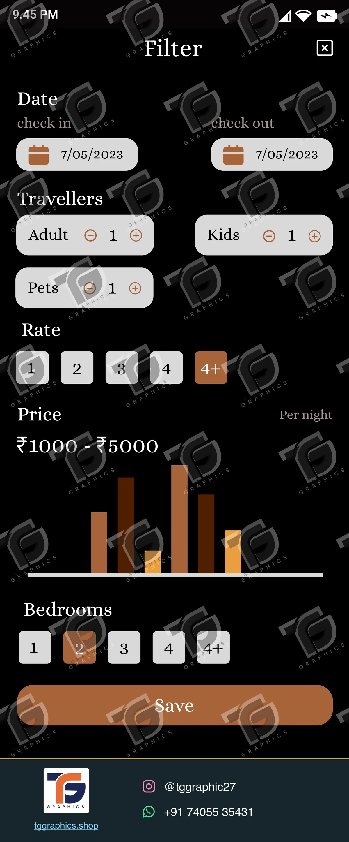 UI/UX design · Hotel booking app · Design 9 with TG Graphics watermark