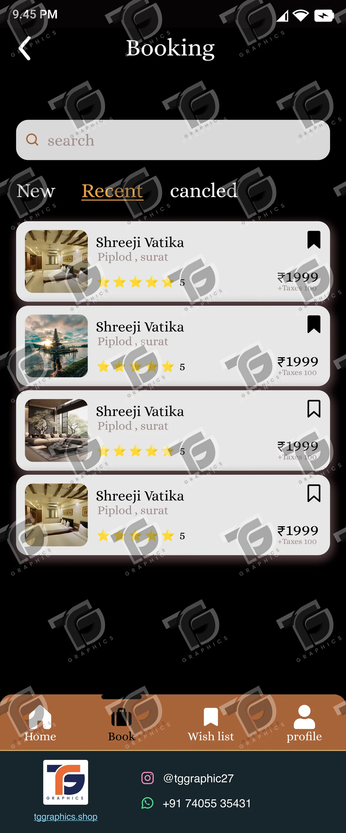 UI/UX design · Hotel booking app · Design 1 with TG Graphics watermark