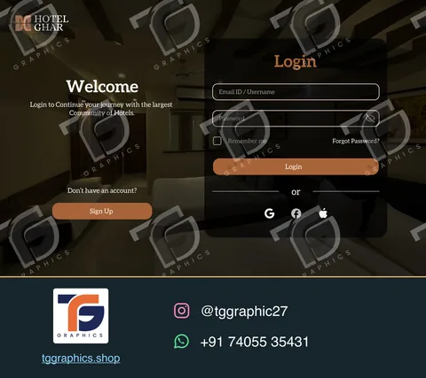 UI/UX ડિઝાઇન · હોટેલની વેબસાઇટ અને ઍપ · ડિઝાઇન 2, TG Graphics વોટરમાર્ક સાથે
