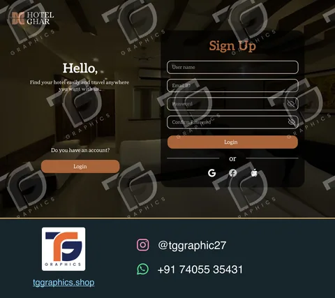 UI/UX ડિઝાઇન · હોટેલની વેબસાઇટ અને ઍપ · ડિઝાઇન 5, TG Graphics વોટરમાર્ક સાથે