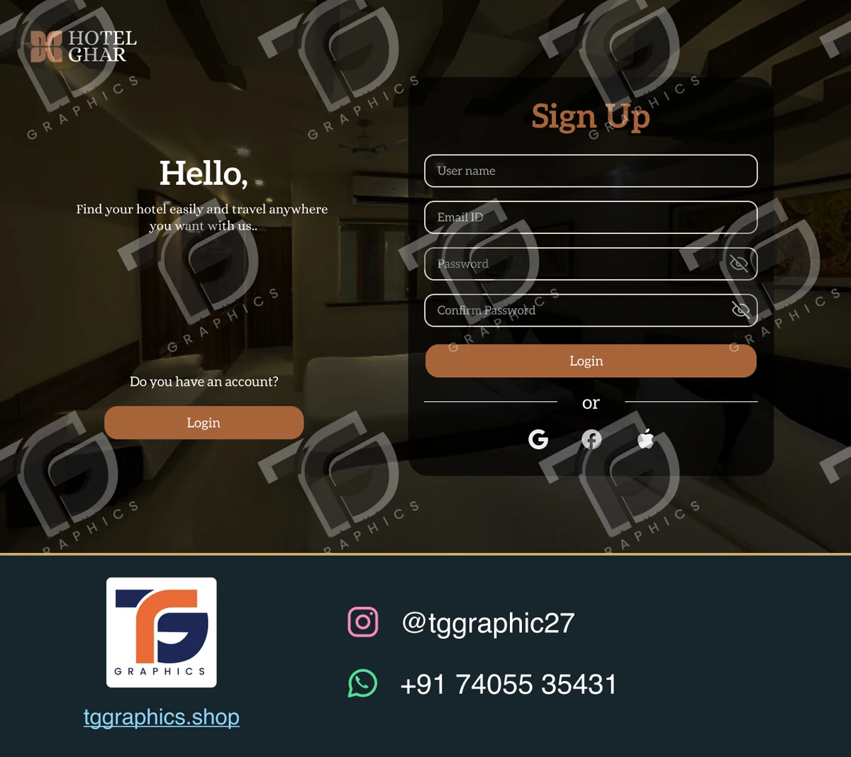 UI/UX design · Hotel website and app · Design 5 with TG Graphics watermark