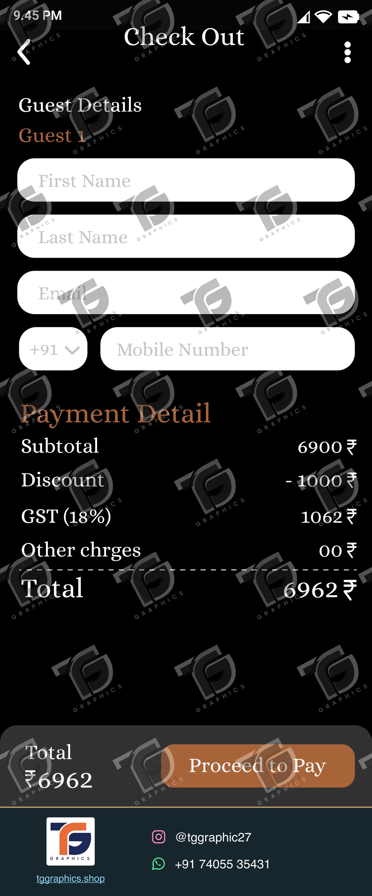 UI/UX design · Hotel booking app · Design 2 with TG Graphics watermark
