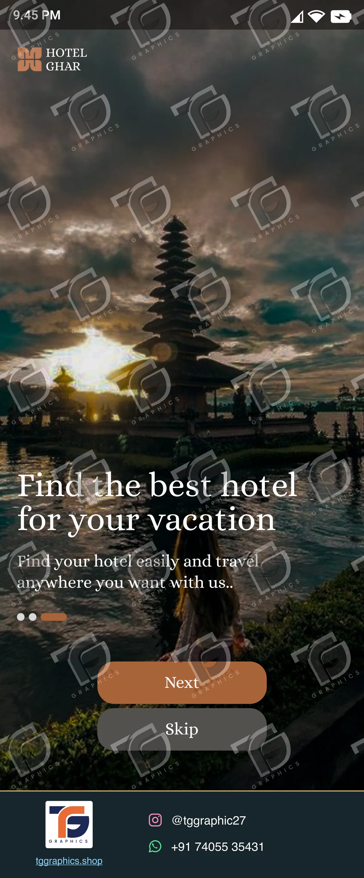 UI/UX design · Hotel booking app · Design 20 with TG Graphics watermark