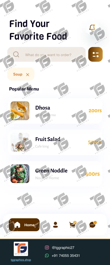 UI/UX डिज़ाइन · भोजन डिलीवरी ऐप · डिज़ाइन 1, TG Graphics वॉटरमार्क के साथ