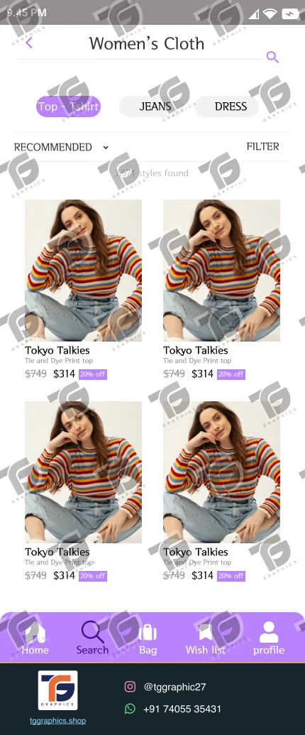 UI/UX design · Clothing app · Design 1 with TG Graphics watermark
