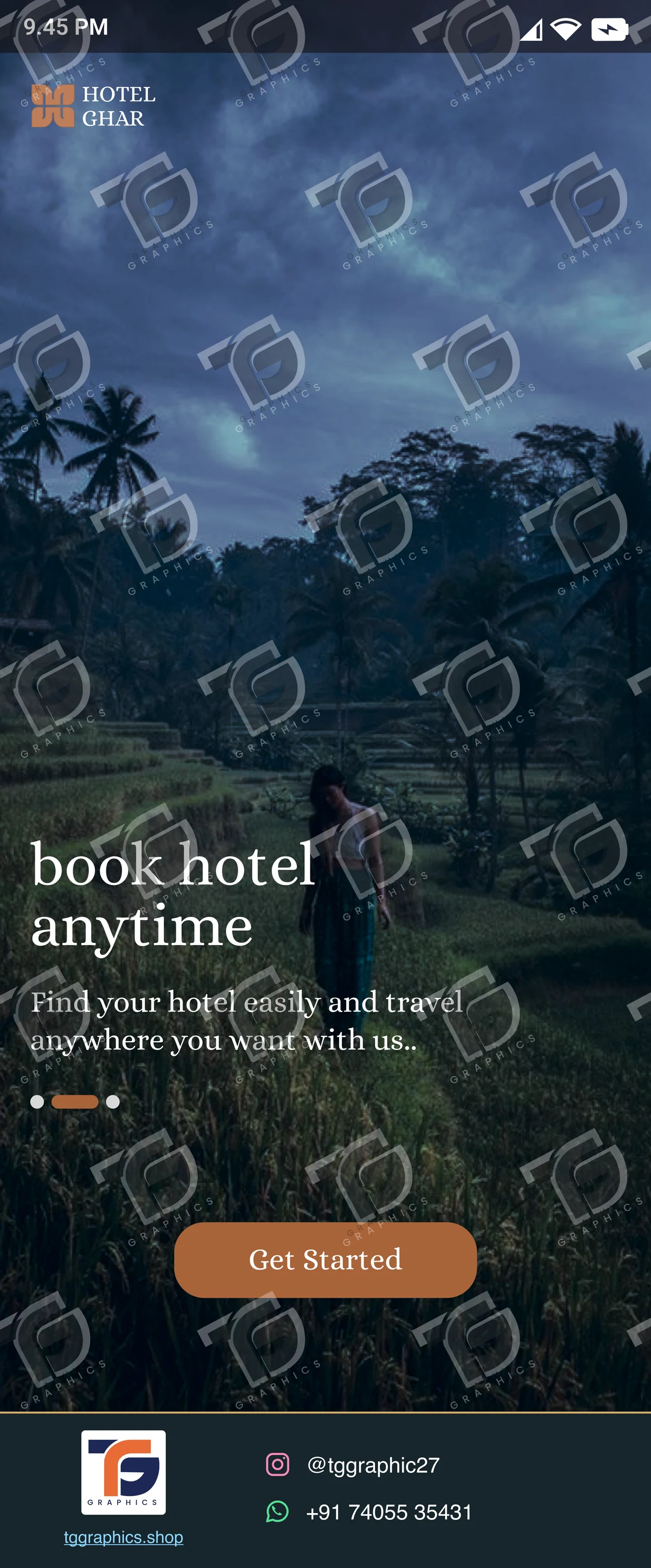 UI/UX design · Hotel booking app · Design 21 with TG Graphics watermark