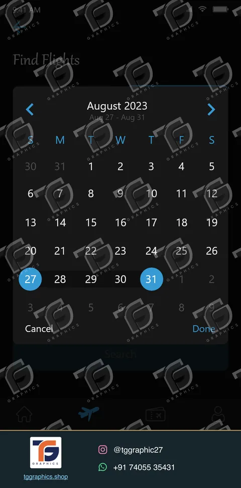 UI/UX design · Airline booking app designs · Design 3 with TG Graphics watermark