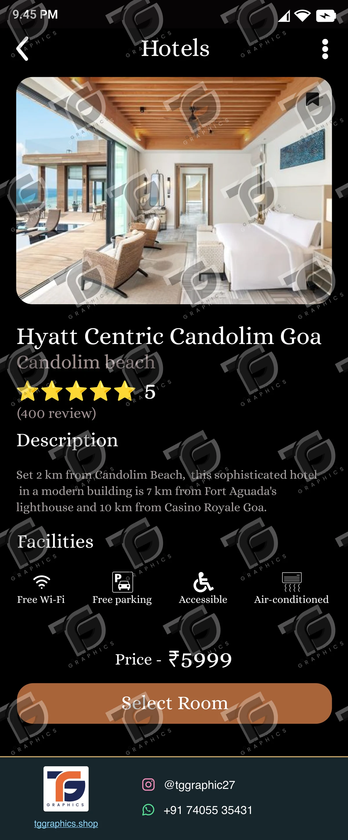 UI/UX design · Hotel booking app · Design 3 with TG Graphics watermark