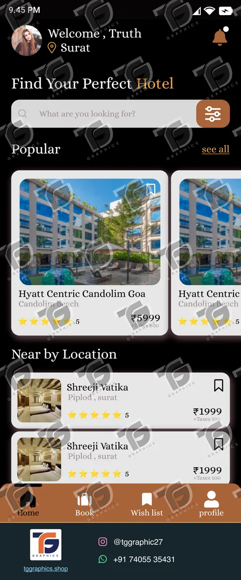 UI/UX ડિઝાઇન · હોટેલ બુકિંગ ઍપ · ડિઝાઇન 11, TG Graphics વોટરમાર્ક સાથે