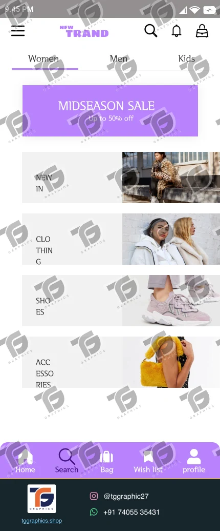 UI/UX design · Clothing app · Design 19 with TG Graphics watermark