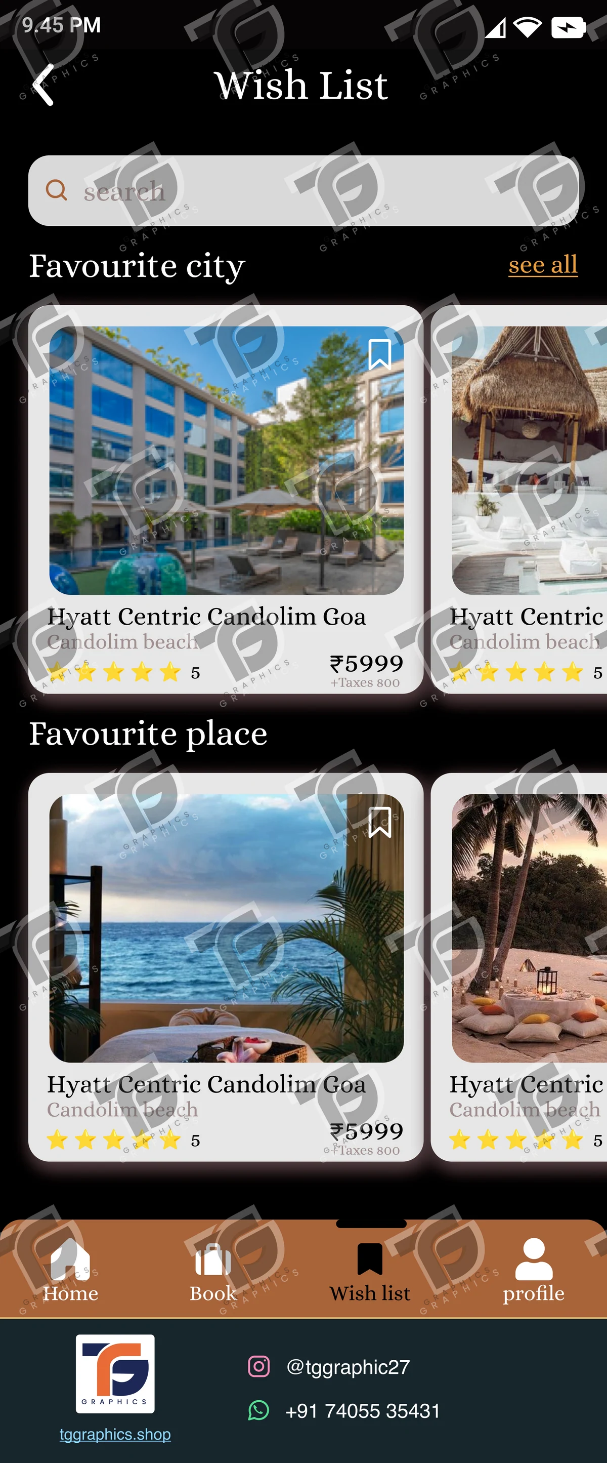 UI/UX design · Hotel booking app · Design 24 with TG Graphics watermark