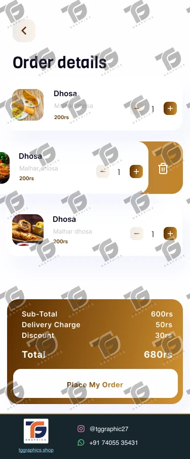 UI/UX डिज़ाइन · भोजन डिलीवरी ऐप · डिज़ाइन 16, TG Graphics वॉटरमार्क के साथ
